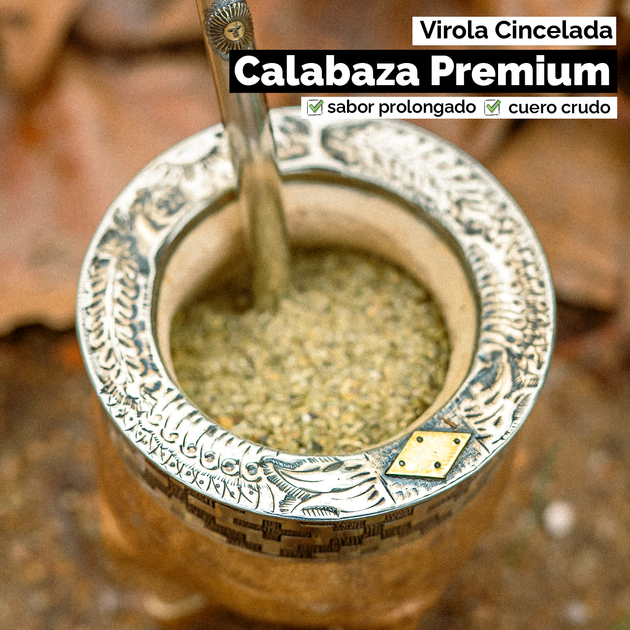 Mate Imperial con Cuero Crudo (Calabaza) - Virola Alpaca Cincelada