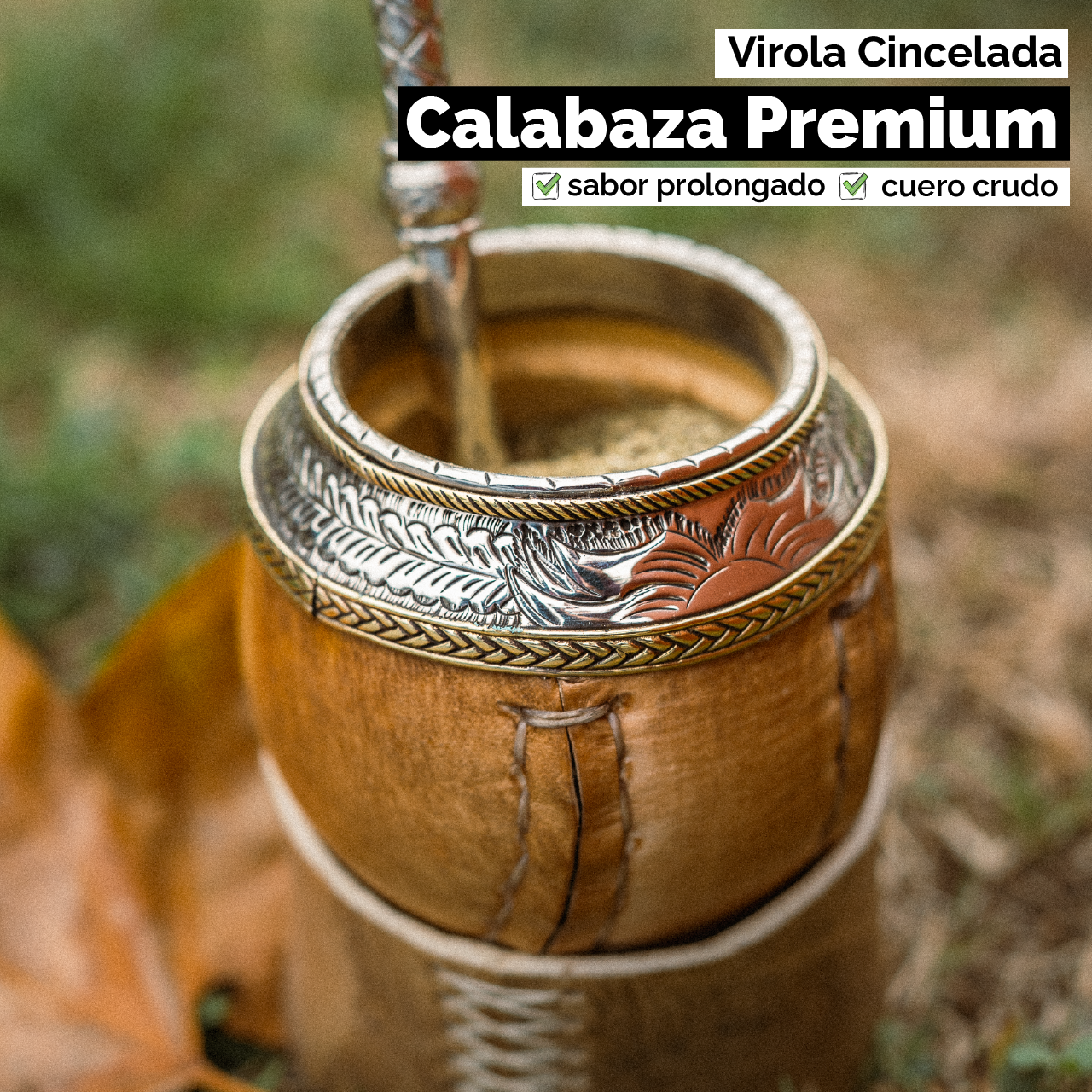 Mate Torpedo Imperial (Calabaza y cuero crudo) - Virola Alpaca Cincelada
