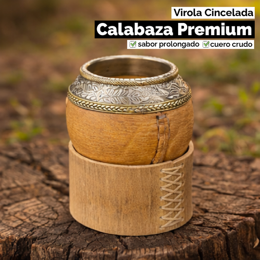 Mate Torpedo Imperial (Calabaza y cuero crudo) - Virola Alpaca Cincelada