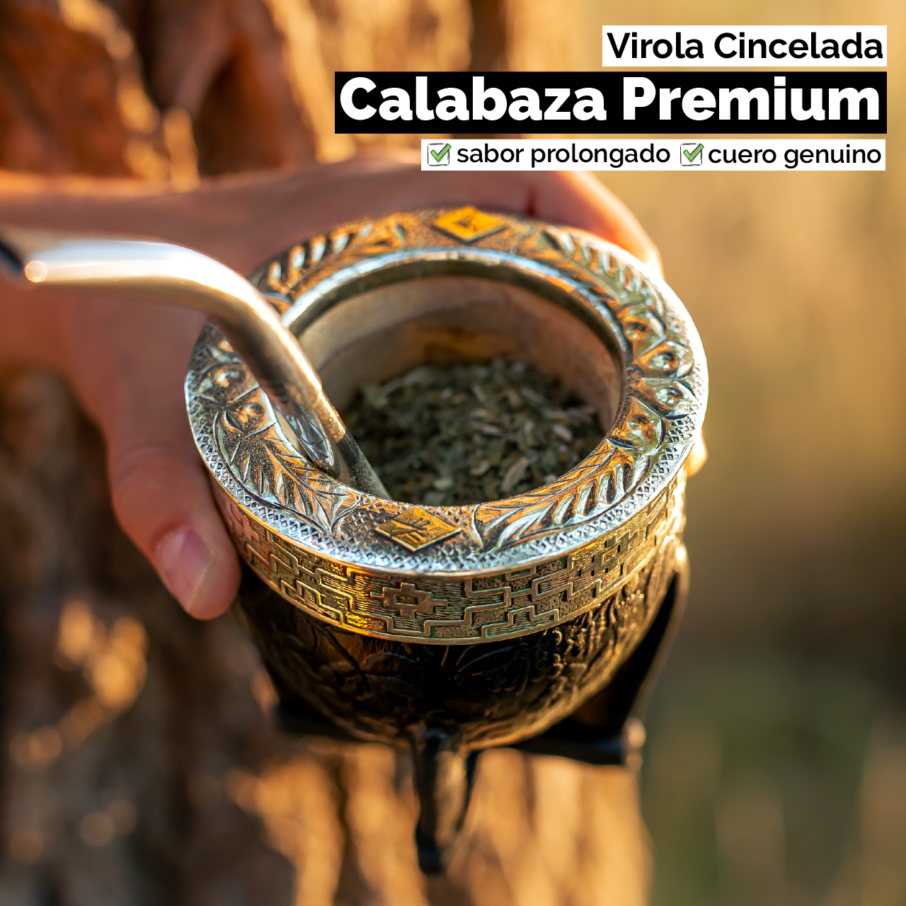 Mate Imperial (Calabaza) con Cuero Labrado - Virola Alpaca Cincelada